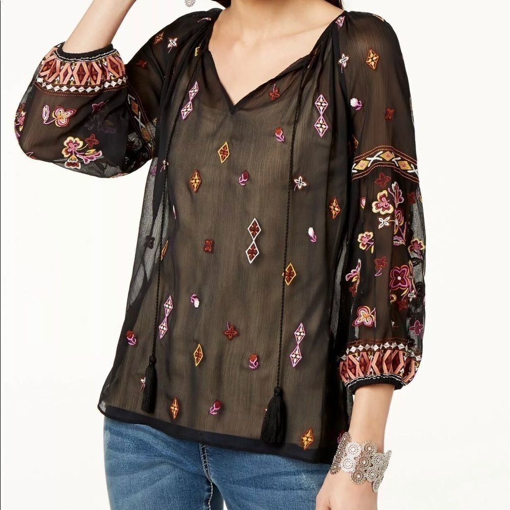 INC Embroidered Split Neck Mesh Peasant top Pet/SM